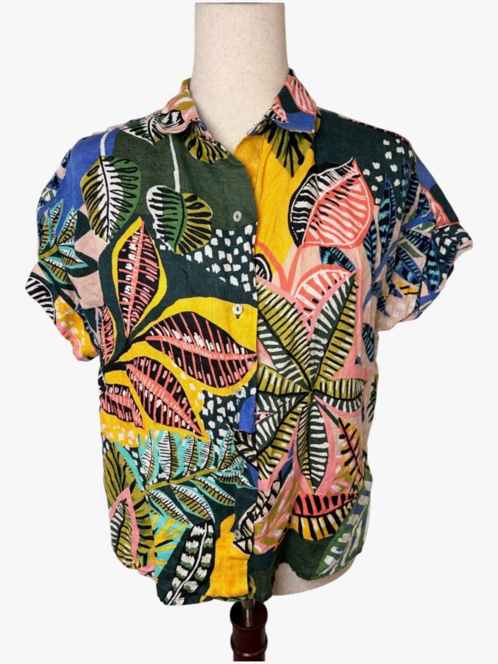 Cynthia Rowley 100% Linen Blue Pink Tropical Leaf Button Front Shirt Size Small